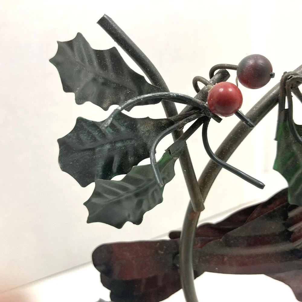 Vintage Metal Winter Cardinal and Holly Leaves Cast Iron Base Figure 7